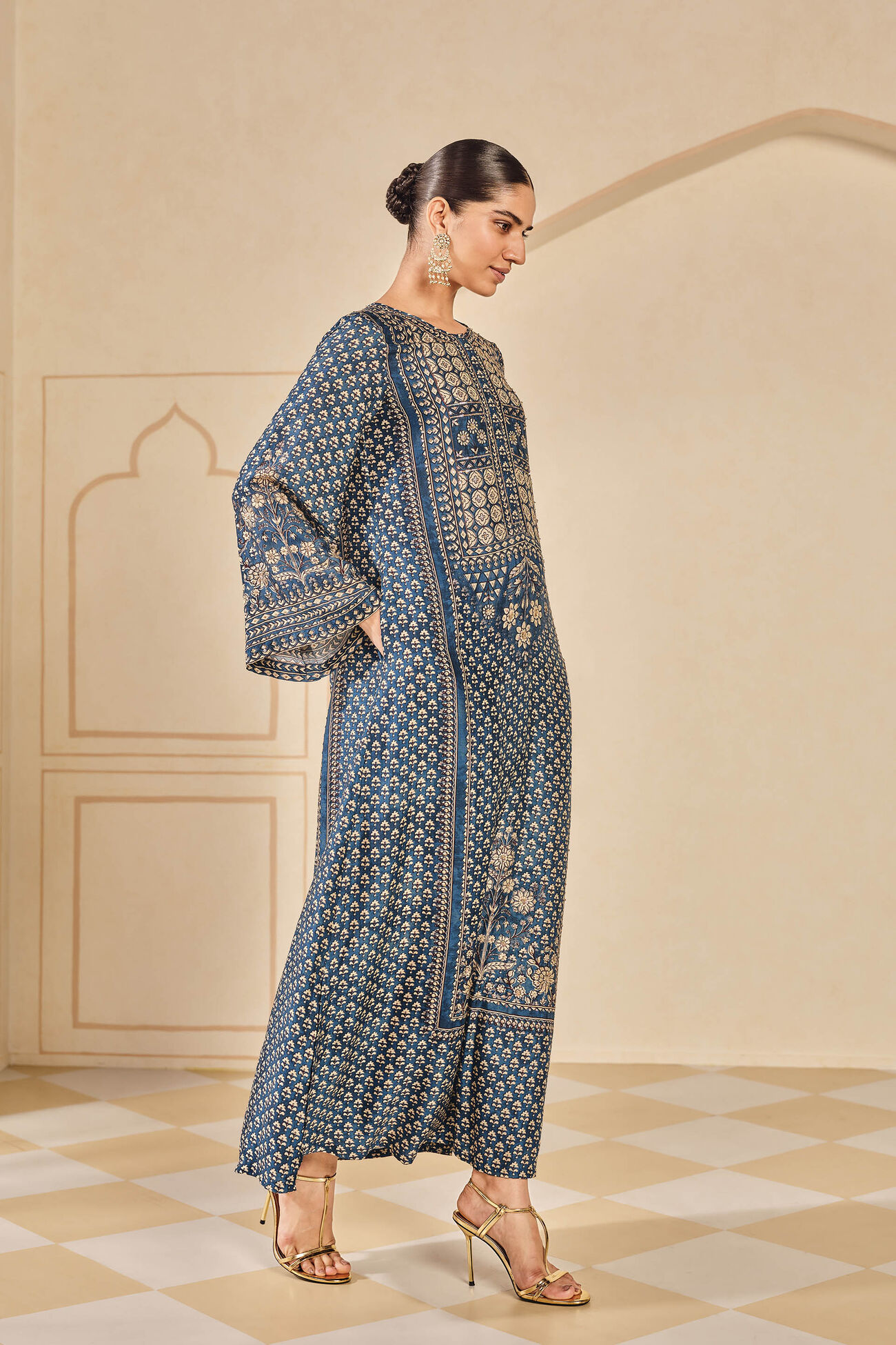 Nera Printed Silk Kaftan - Blue, Blue, image 3